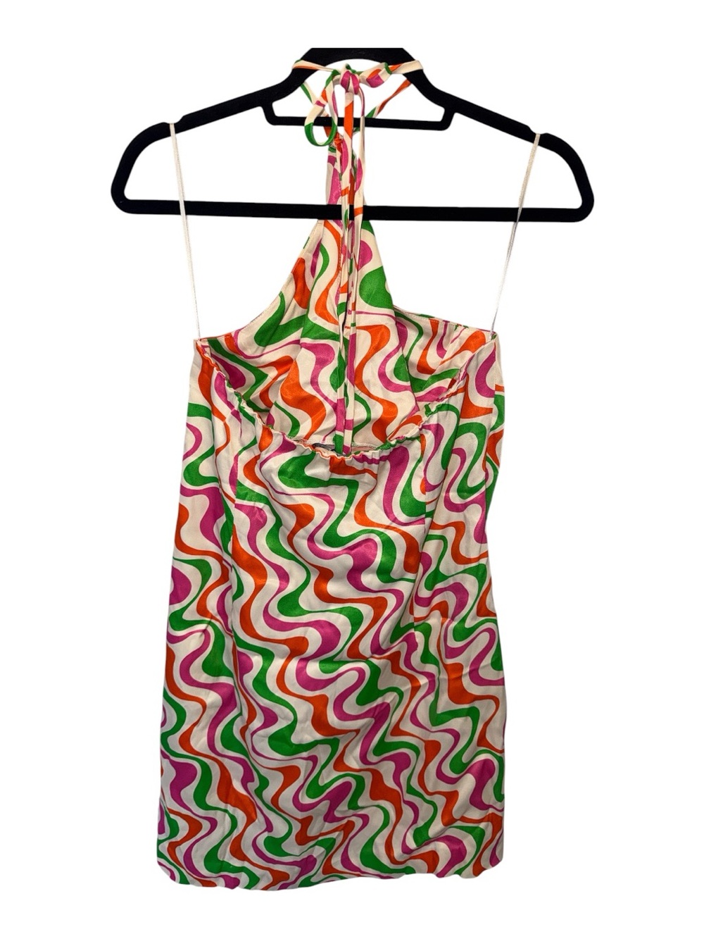 Zara Halter Mini Dress in Pink, Green, Orange, Cream Wave Print - Picture 4 of 7